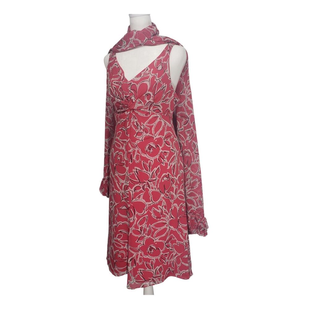 Worth New York 100% Silk Abstract Floral Dress Matching Scarf Red Pink 12